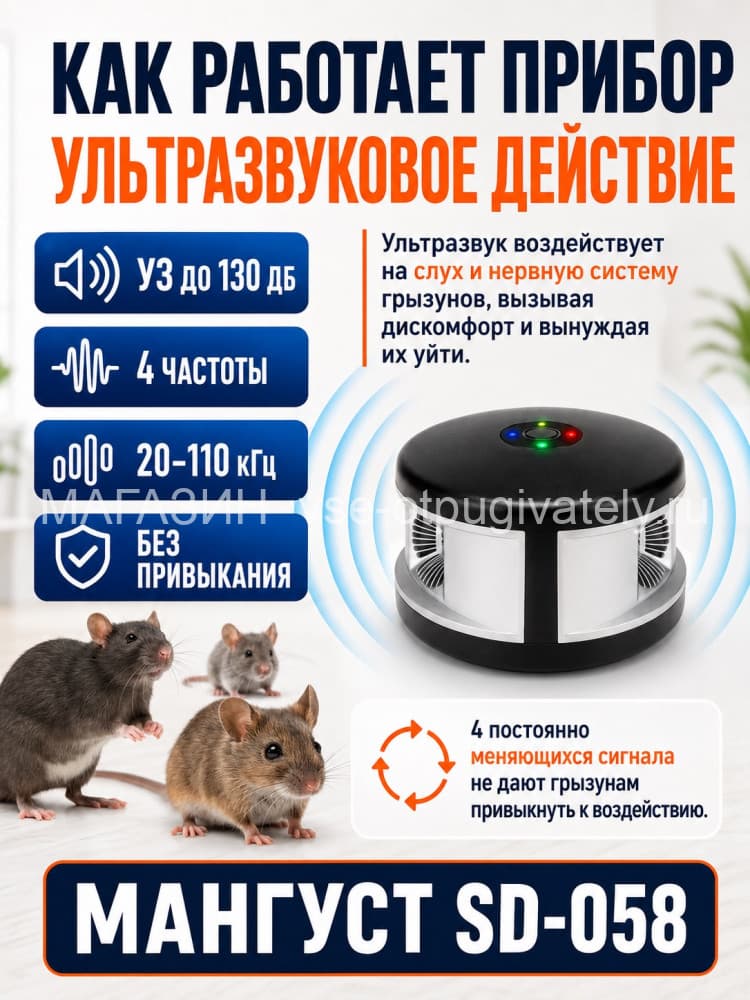 Мангуст SD-058 - отпугиватель грызунов с ультразвуком и электромагнитными волнами